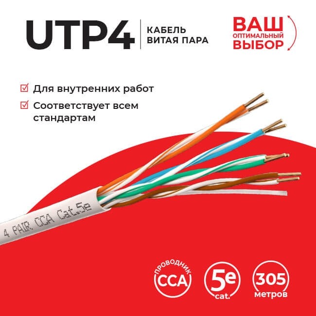 Кабель Technolink UTP4 cat.5е, одножильный, 305м, CCA, серый РАСПРОДАЖА